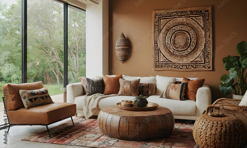 Inviting living room with ethnic decor, cozy couch, rustic coffee table, and traditional wall art